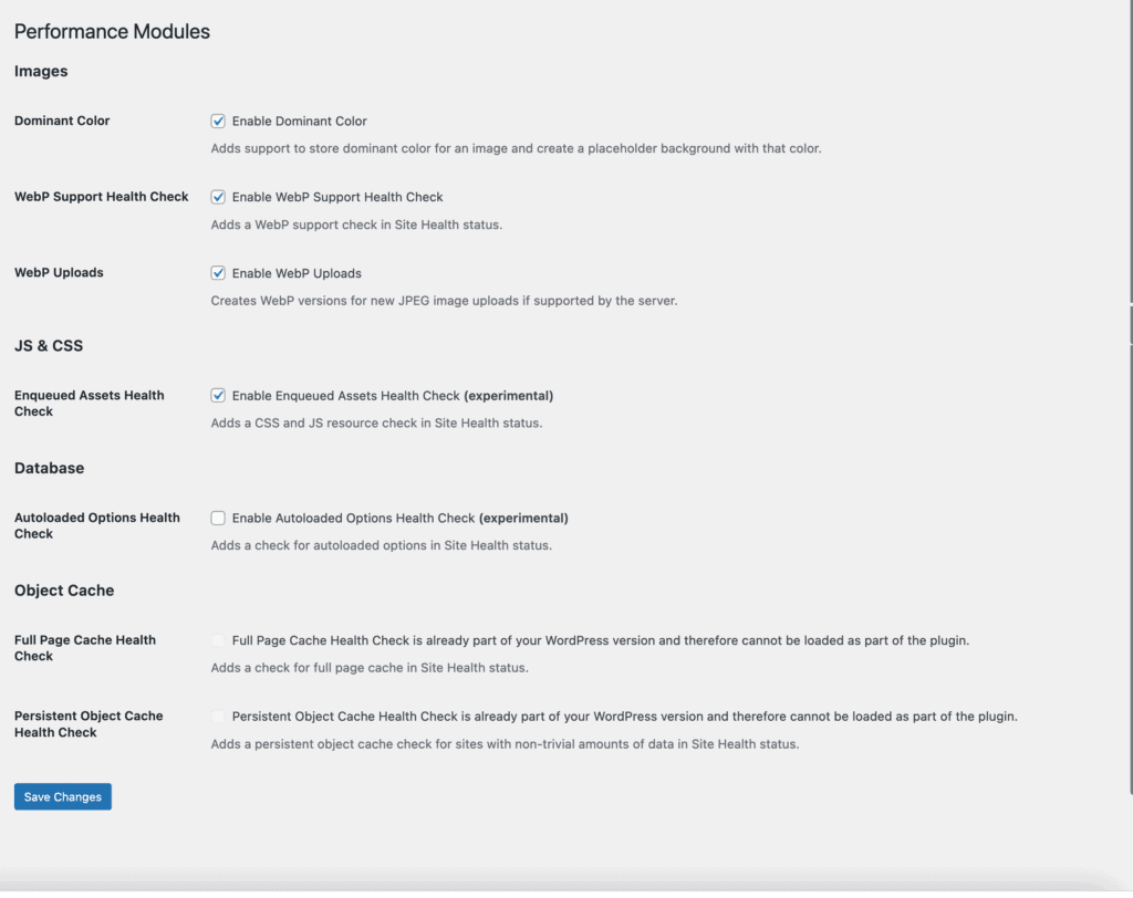 Elementor 3.9 Performance Lab settings